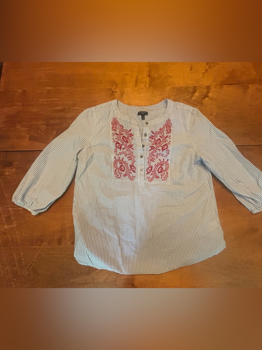 Talbots Light Blue & White Striped Blouse with Red Embroidery